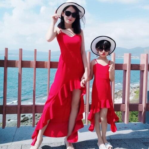 Family Matching Clothes Mother Daughter Mommy And Me Beach Asymmetrical Dress Vacation Girls Women Korean Look Outfits Wear Set
