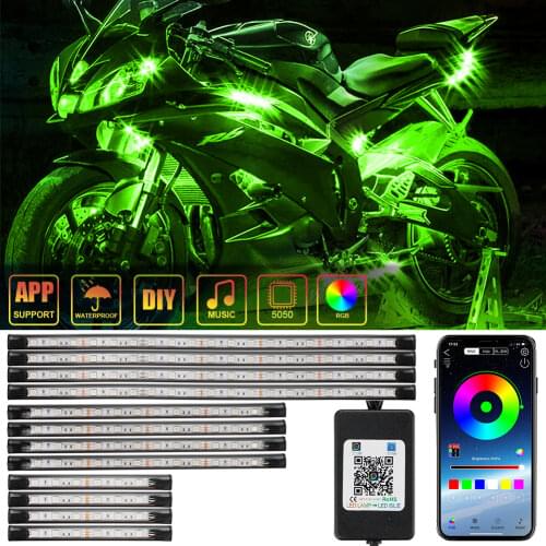 OKKEN Motorcycle RGB LED Strip Kit APP Control Waterproof 5050SMD Glow Underglow Ground Effect LED Underbody Atmosphere Light