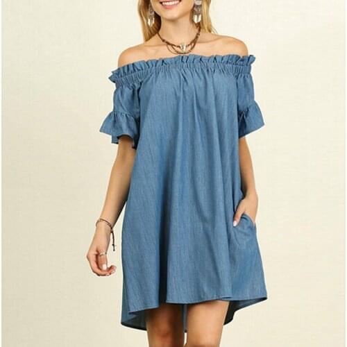 Jeans Dress Womens Off The Shoulder Denim Look Shirt Dress Tops Vestido Curto