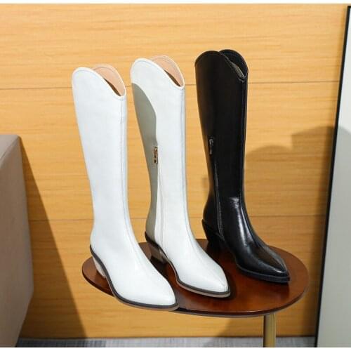 Botas de Invierno Para Mujer Knee High Winter Boots Women Pointed Toe Sewing Motorcycle Boots High Heels Luxury Brand Design