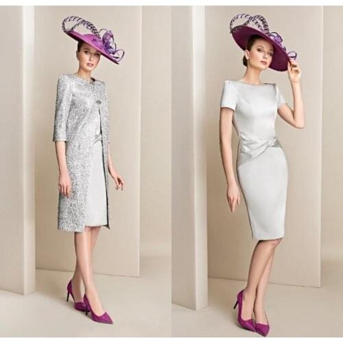 Silver Knee Length Mother Of The Bride Dresses With Jacket 3/4 Long Sleeve Wedding Guest Dress Custom Made Plus Size Gowns