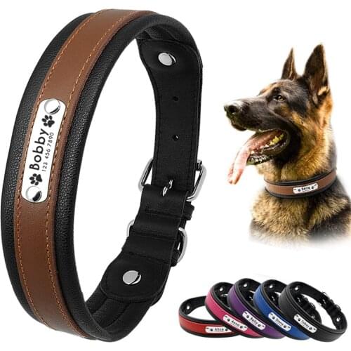 Large Dog Collar Leather Personalized Collar Custom Engraved ID Tags German Shepherd Collars Pet ID Tag for Large Dogs Pitbull