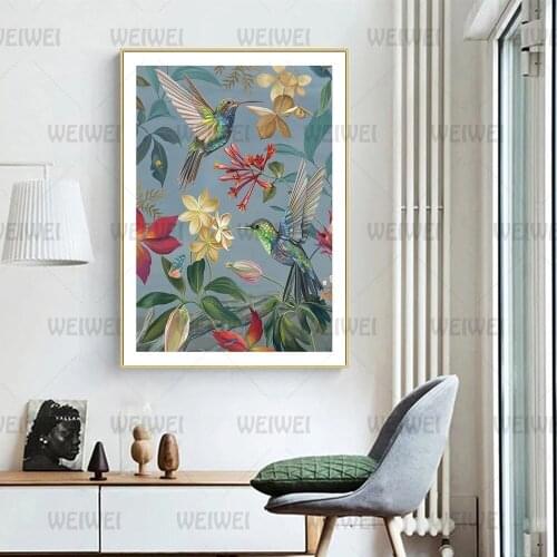 Chinese Style Gorgeous Canvas Painting Print Bird Flowers Plants Wall Poster Decorative Modular Pictures for Living Room Decor