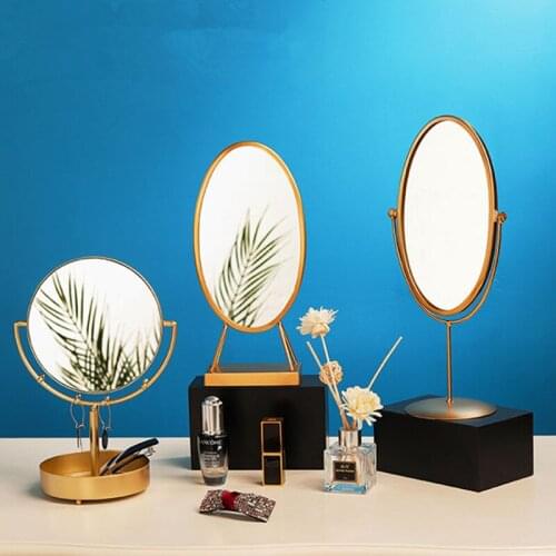 Golden Round Mirror Portable Wrought Iron Single-Sided Table Make-up Mirror Home Beauty Dressing Desk Decoration Framed Mirrors