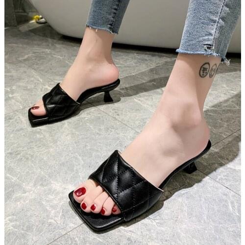 2020 Summer Women Mules Design slippers Sandals Square sole slides High heel Woman shoes Woman tong femme mulle mules high heels