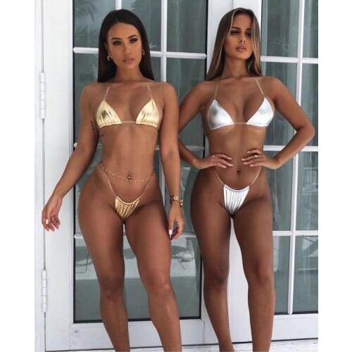 Summer Beach 2021 Two Pieces Thong Women Swimwear Silver Golden Solid Bikini Set Push Up Sexy Bathing Suit Maillot De Bain Femme