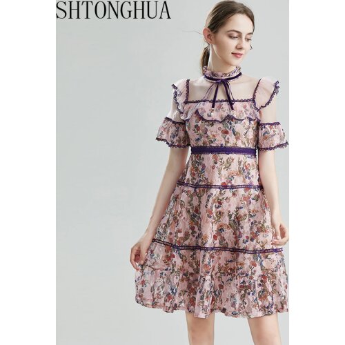 Runway Designer Elegant Women Dress 2020 Summer Stand Collar Flare Short Sleeves Ruffles Printing High Waist Fashion Lace Dress