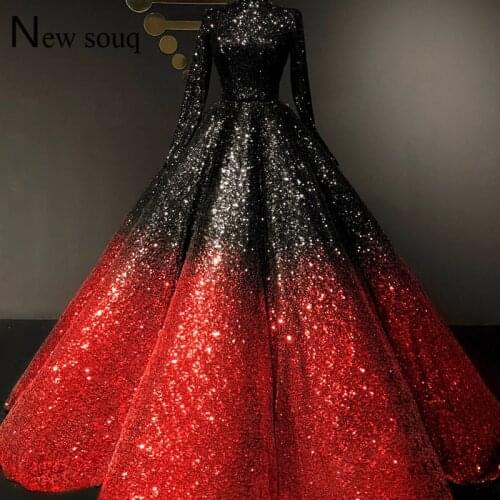 Elegant Black And Red Sequined Long Sleeves Prom Dresses 2019 Couture Formal Muslim Dubai Women Evening Dress Vestido De Festa