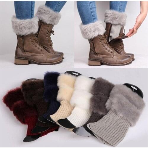 Winter Women Warm Faux Fur Crochet Knit Leg Warmers Boot Socks Toppers Cuffs Lady Women Solid Color Knit Winter Leg Warmers