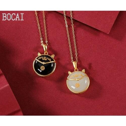 100% S925 Sterling Silver Gold Plated Natural Hetian Jade Ink Jade Pendant National Tide Coin Cute Cat Lady Pendant