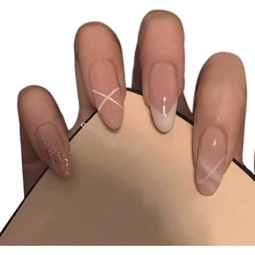 24pcs Nude Color Nail Patch Round Head Glue Type Removable Long Paragraph Fashion Manicure False Nail Patch NE