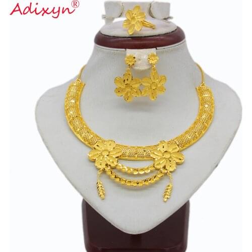Adixyn NEW Flower Shape Necklace Earrings Rings Wedding Women Jewelry set Gold Color African/Ethiopian/Dubai Party Gifts N11023