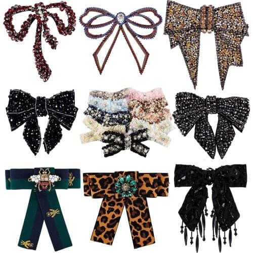 Bow Tie Appliques Ribbon Bee Brooch Bead Rhinestones DIY Shirt Wedding Decoration Jewelry Craft Bowknot