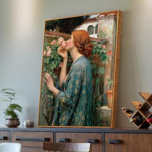 Waterhouse Flower Woman Canvas Painting The Soul of The Rose Artwork Picture Nordic Vintage Wall Art Poster Living Room Decor
