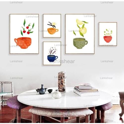 Canvas Painting Watercolor Tea Cup Kitchenware Wall Art Posters and Prints Pictures for Dining Hall Kitchen Home Decora Unframe