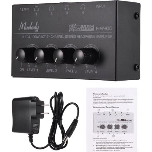 Muslady HA400 Advanced 4 Channels Mini Audio Stereo Headphone Amplifier with Power Adapter Accessories