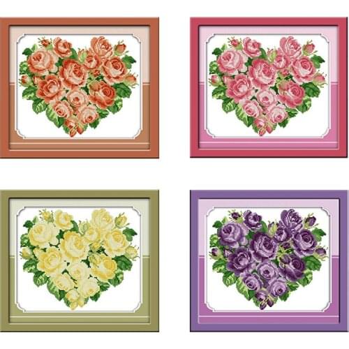 Joy Sunday Cross Stitch Kits Rose Heart 11CT 14CT Cotton Thread Painting DIY Embroidery Needlework Sets Floral Cross-stitch Kit