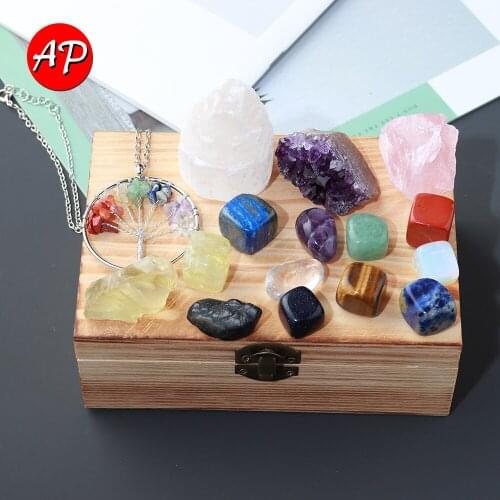 Natural Quartz Set Seven Chakras Crystal Stone Amethyst Cluster Ornament Tree Of Life Pendant Wooden Box Gift