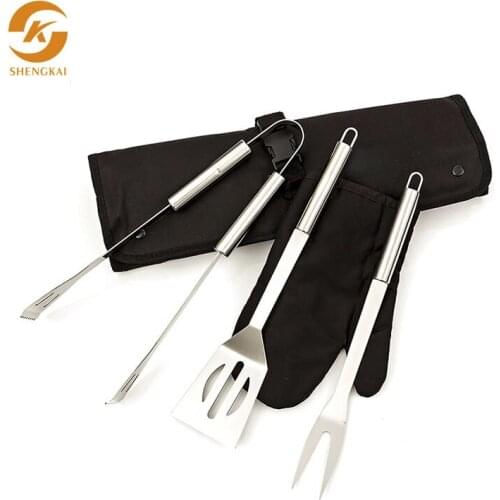 Stainless steel small tube handle 5-piece grill set outdoor barbecue utensils barbecue shovel fork heat insulation gloves