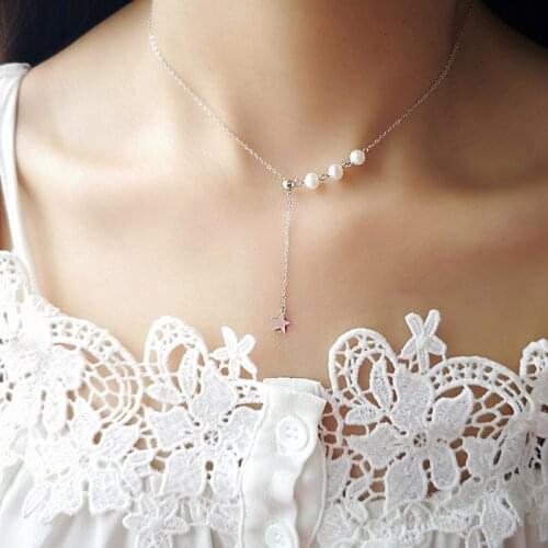 Genuine 925 Sterling Silver Pendants Necklace For Women Natural Freshwater Pearl Fine Jewelry Star Party Gifts