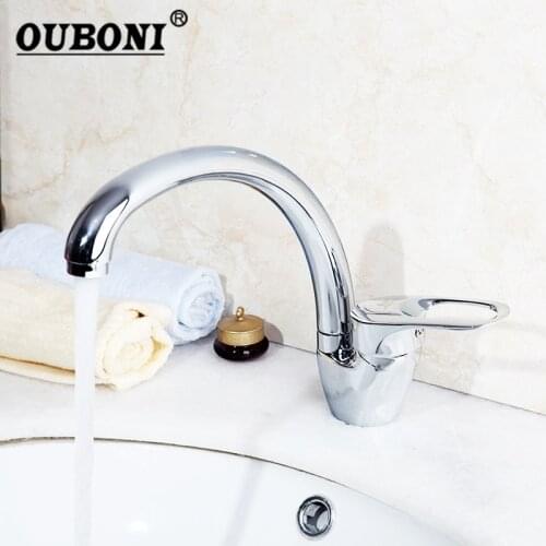 OUBONI 360 Swivel Degree Rotation Kitchen Faucet Mixer Handle Kitchen Sink Mixer Tap Chrome Finish Kitchen Tap Swan Neck Spout