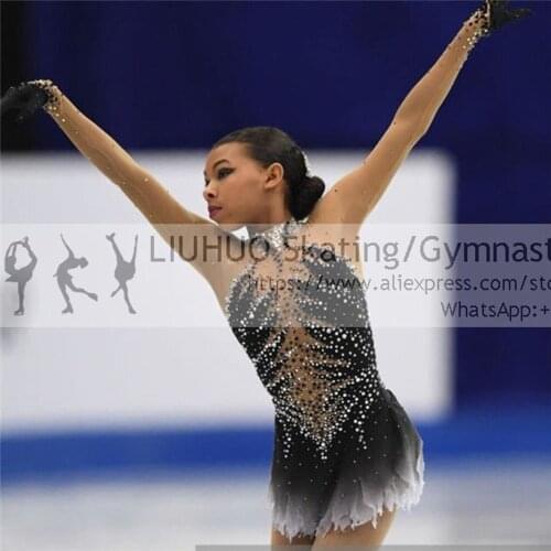 Custom Design Figure Skating Dress Girls Black Spandex Quality Crystals Rhythmic Leotards Teens Skating dress Exotic dancewear