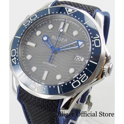 Popular Mens Automatic Wristwatch Blue Bezel Sapphire Glass Grey Dial With BLIGER Logo 41mm Diameter