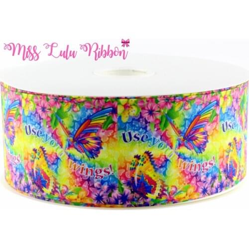 6mm-75mm Use Your Wings Rainbow Butterfly Printed Grosgrain Ribbon Handmade Materials Bands Hair Bows Wedding Decorative 50Yards