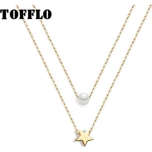 TOFFLO Stainless Steel Jewelry Star Pendant Imitation Pearl Necklace Double Layered Fashion Female Clavicle Chain BSP001