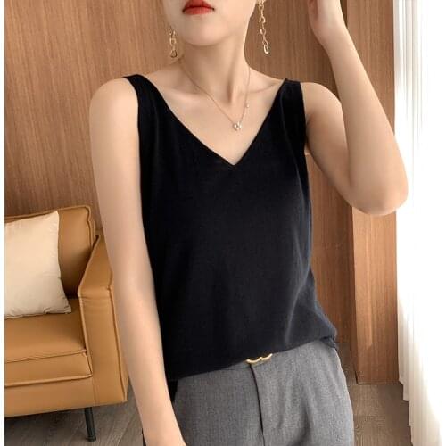 LONGMING 2021 Summer Women Knit Vest Top 100% Merino Wool Knitted Crop Top Woman Tank-Top Sweater Vest Vintage Tank Crop Tops