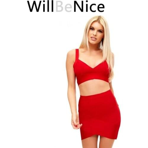 WillBeNice 2019 New 2 Piece Set Spaghetti Strap Mini Short Sexy Club Crop With Top Mini Cross Shaped Bandage Skirt For Women
