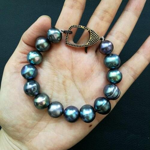 YYGEM 8" gunmetal color plated cz pave Lobster clasp 11mm natural near round Black freshwater Pearl Bracelet