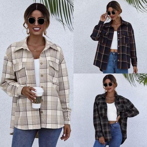 Womens Autumn Winter Plaid Shirt Cardigan Single Breasted Long Sleeve Cotton Lapel Shirt Holiday Party Cool Shirts