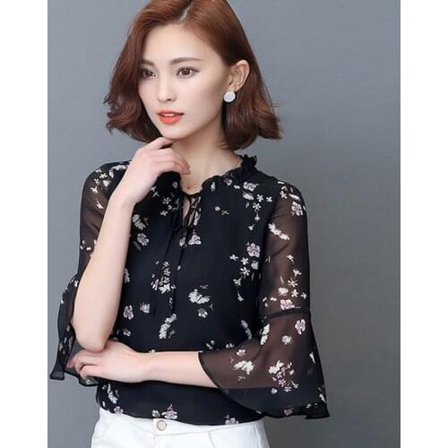 Women Blouses Summer Bowknot Short Flare Sleeve Chiffon Blouse Floral Print Top Fashion Korean Clothes Blusa Beige Black DD2287