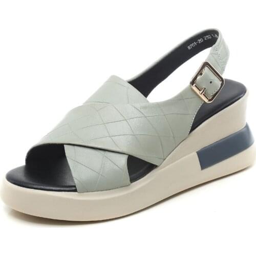 2021 Summer Wedges Sandals Women Genuine Leather Crocodile Pattern Sheepskin Open Toe High Heel Shoes Platform Student Sandals