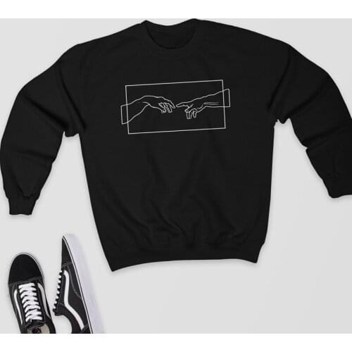 Creation Hands Line Art Sweatshirt Renaissance Aesthetic Black Hoodies Trendy Men Women Minimal Print Jumper Pullover Streetwear