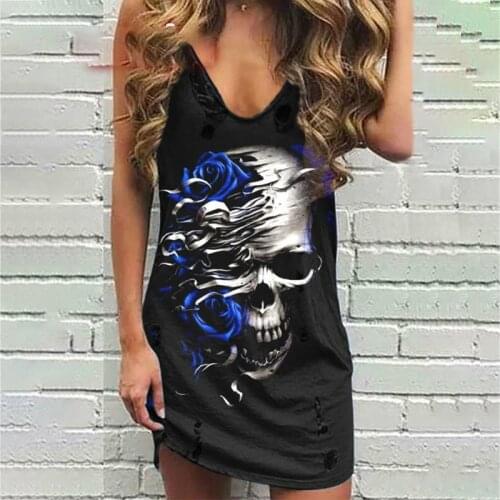 Women 2020 Summer New Skull Print Fashion Casual Sleeveless Mini Dress Hole V-neck Vest Punk Plus Size Loose Y2k Dresses