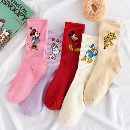 Disney 1Pair Girl Fashion Korean tide cartoon sweet Cute mickey minnie Middle tube Women socks Student girl