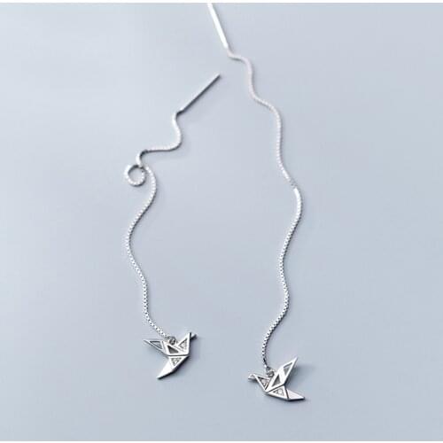 100% Real 925 Sterling Silver Bird Drop Earrings Cute Geometric Shape Birds Long Pull Through Threader Earrings for Women