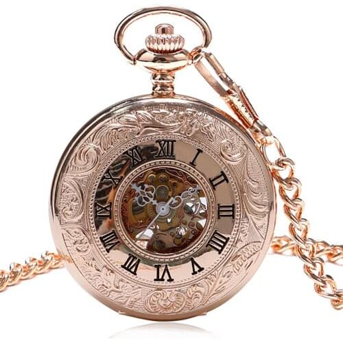 Charm Rose Gold Mechanical Pocket Watch Mens Clock Womens Dress Chain Jewelry Fashion Double Open Hunter FOB Watch Gift Online