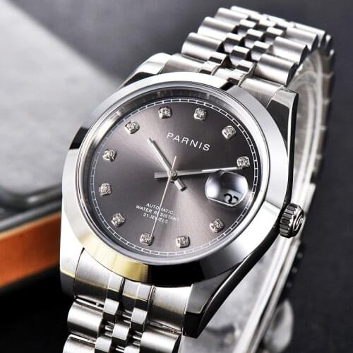New Parnis 39.5mm Gray Dial Diamond Scale Automatic Mechanical Mens Watches Calendar Sapphire Crystal Window Men Watch