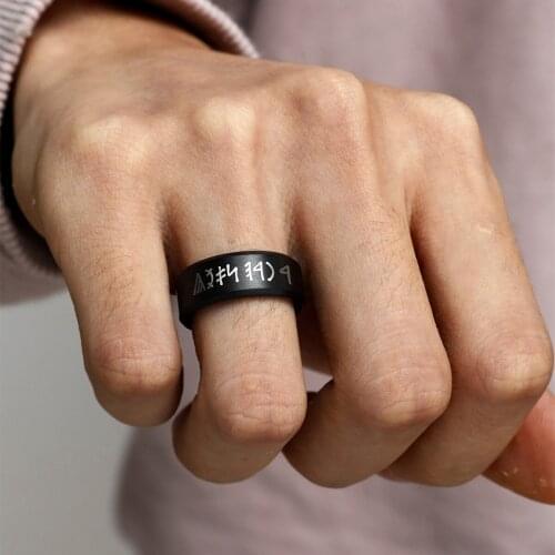 MOREDEAR 8mm Black Titanium Oracle Bone Script Ring For Men and Women