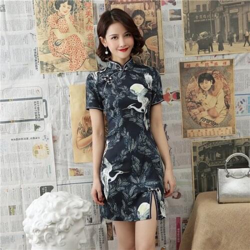 Black Sexy Short Sleeve Mini Cheongsam Dresses Slim Qi Pao Women Chinese Traditional Clothing Dress Qipao Orientale Costume