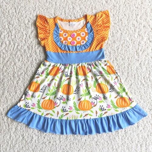 Children Short Sleeve Halloween Dress Fashion Ruffle Stitching Frocks With Pumpkin Pattern And Button Design