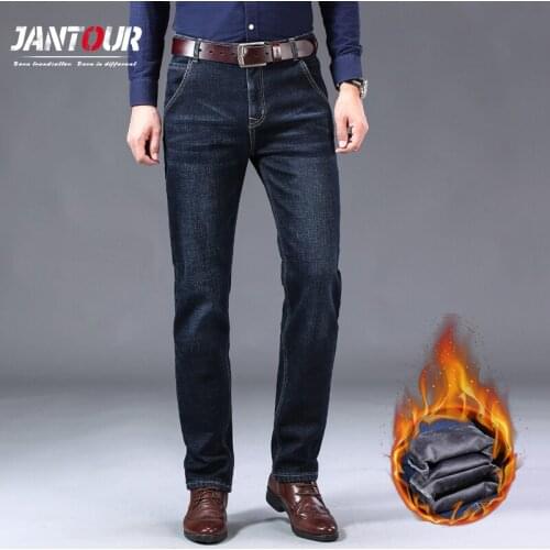 Jantour 2020 Warm Jeans Black color Fleece Autumn Winter Jeans Warm Flocking Jeans Business Casual Stretch Jean Classic Trousers