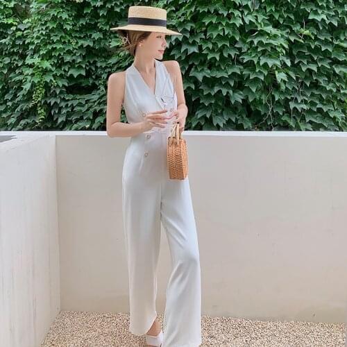 Summer Elegant Woman White Jumpsuits Outfit Office Overalls Vintage Double-Breasted V-Neck Sleeveless Halter Rompers Playsuits