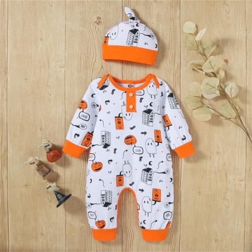 Halloween Set Toddler Baby Romper Kids Clothes Girls Boys Cartoon Print Romper Jumpsuit+hats Outfits Set Одежда Для Новорождëных