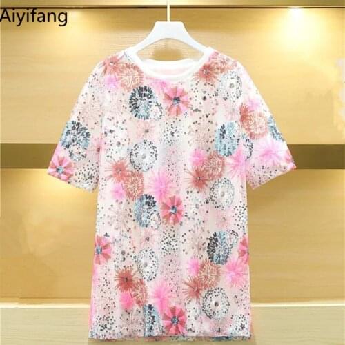 Summer Street Fashion Loose Long T-Shirt Womens Sequined Embroidery Oversize T-shirts Short Sleeve Tees Plus Size TShirt Tops