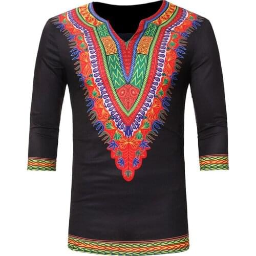 Mens African Dashiki Shirt 2020 Brand New Three Quarter Sleeve V Neck T-shirt Men Slim Fit Hip Hop Tops Tees Shirt Homme