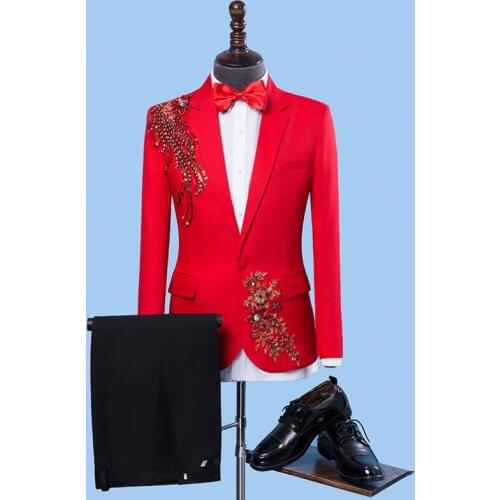 Singer red suits for men blazer boys prom mariage suits fashion slim masculino latest coat pant designs chorus groom clothes